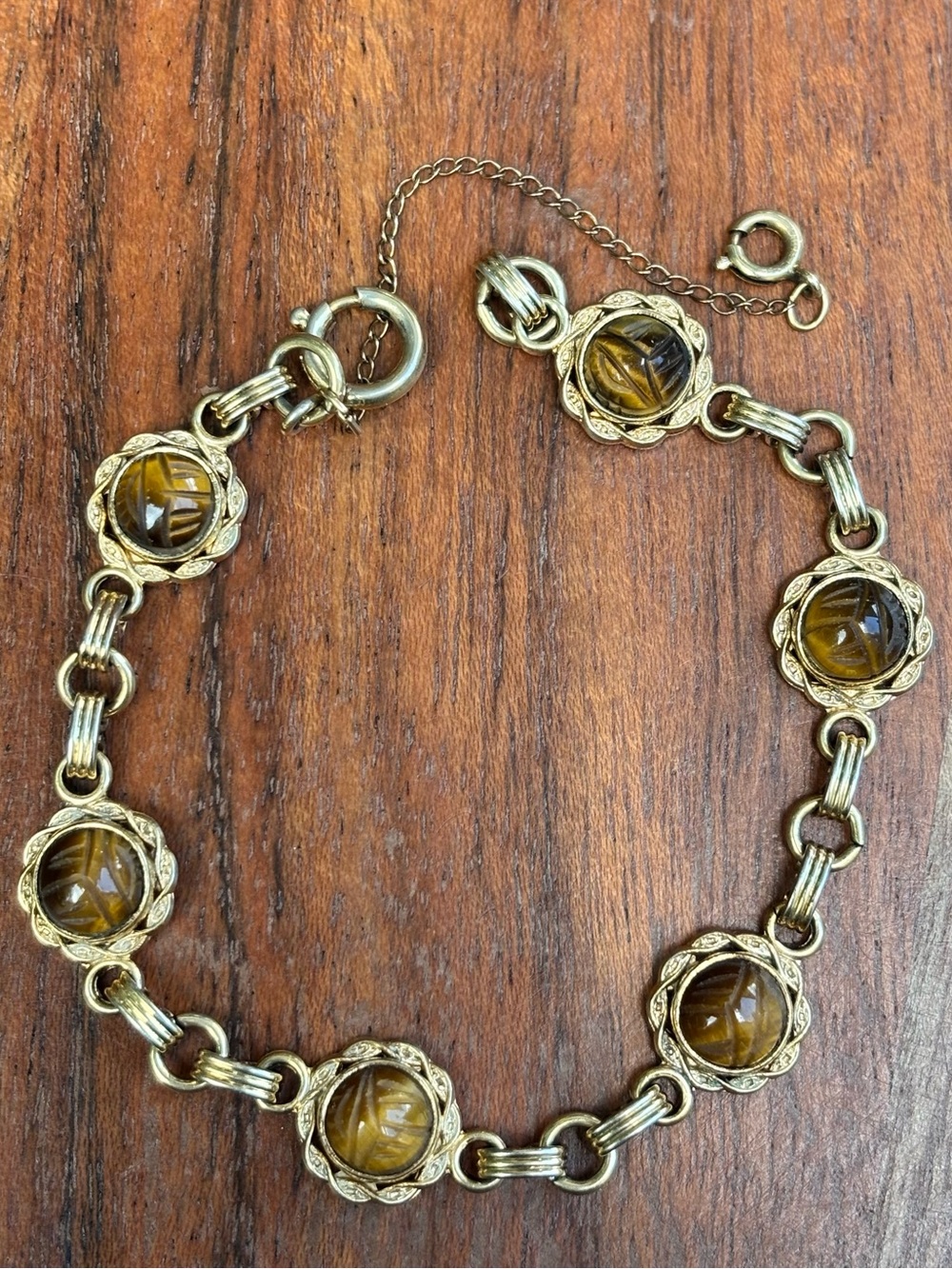 Vintage 12K Gold Filled Tiger Eye Scarab Bracelet 7.5” Gift For Her
